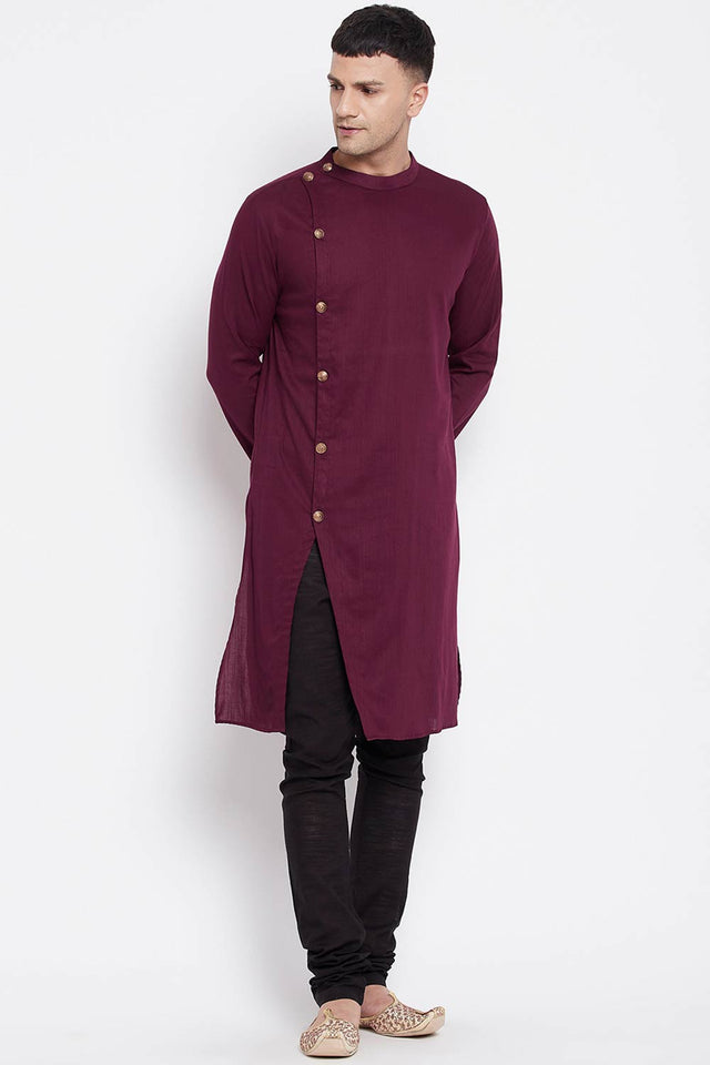 Men's Pure Cotton Solid Sherwani Top Kurta Top In Maroon