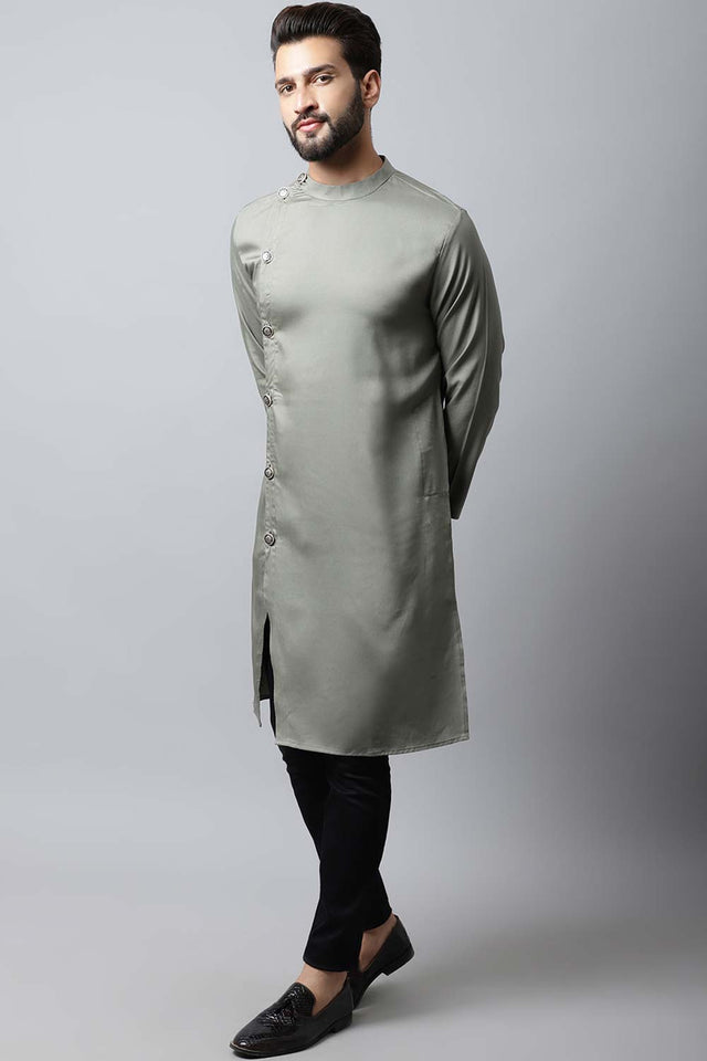 Men's Light Green Solid Full Sleeve Long Kurta Top