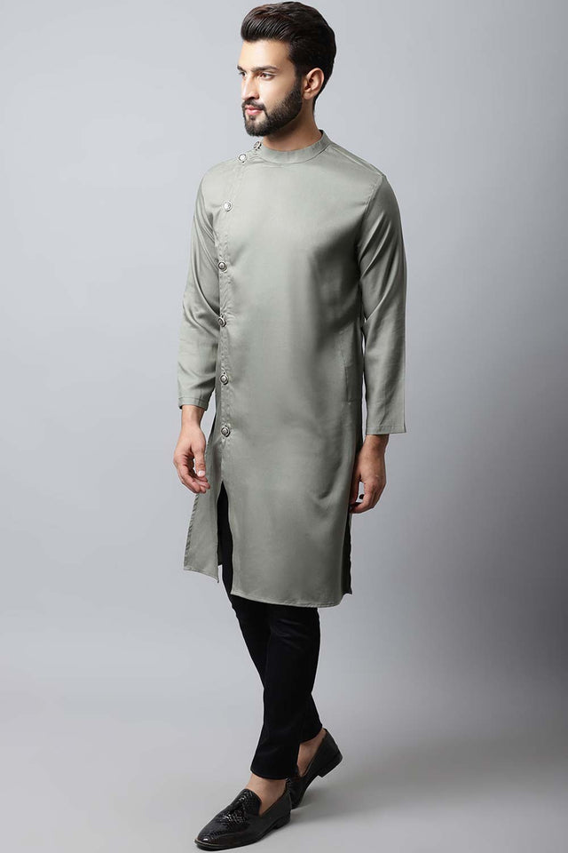 Men's Light Green Solid Full Sleeve Long Kurta Top