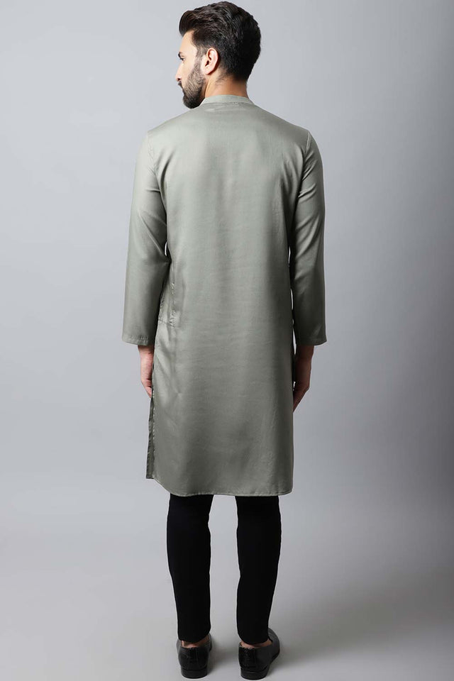 Men's Light Green Solid Full Sleeve Long Kurta Top