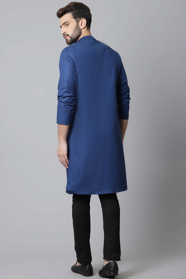 Buy Men's Blue Cotton Solid Long Kurta Online - KARMAPLACE