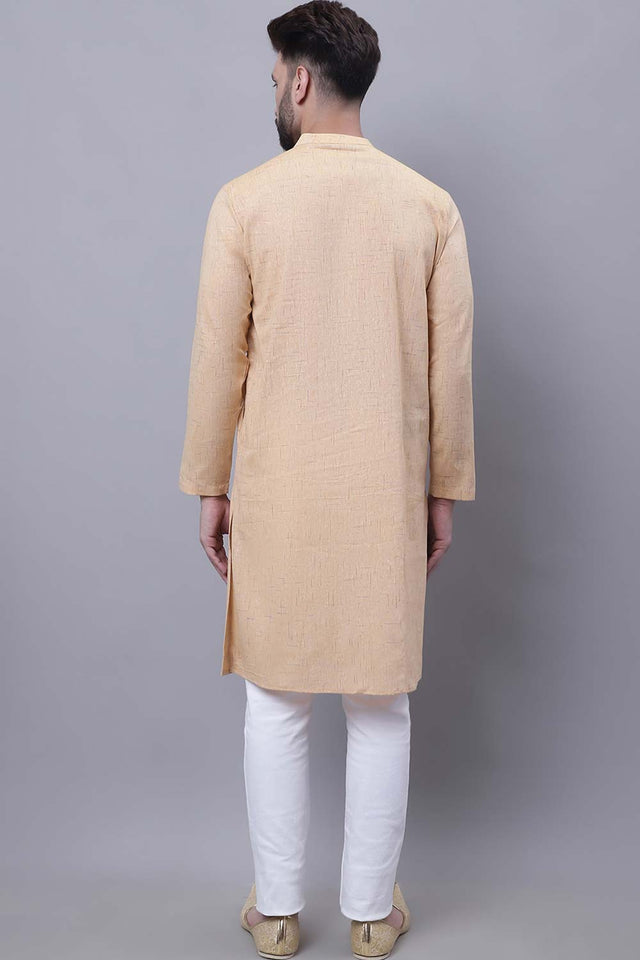 Buy Men's Beige Cotton Self Design Long Kurta Top Online - Side