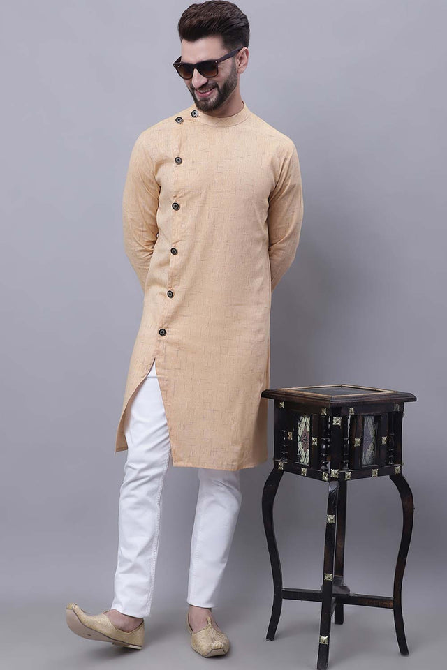 Buy Men's Beige Cotton Self Design Long Kurta Top Online