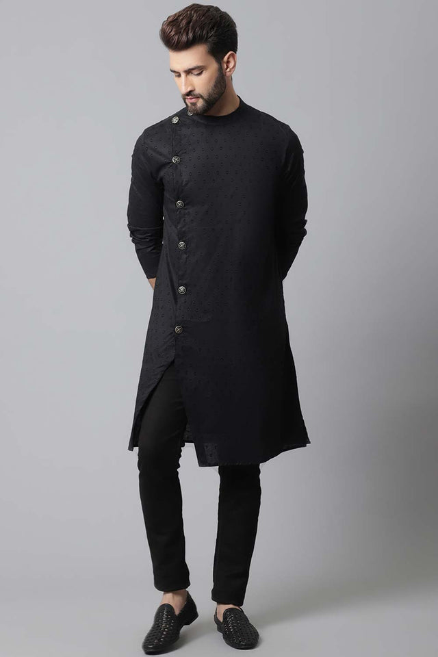 Buy Men's Black Cotton Self-design Long Kurta Online - KARMAPLACE