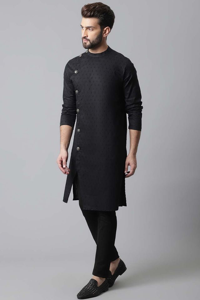 Buy Men's Black Cotton Self-design Long Kurta Online - KARMAPLACE
