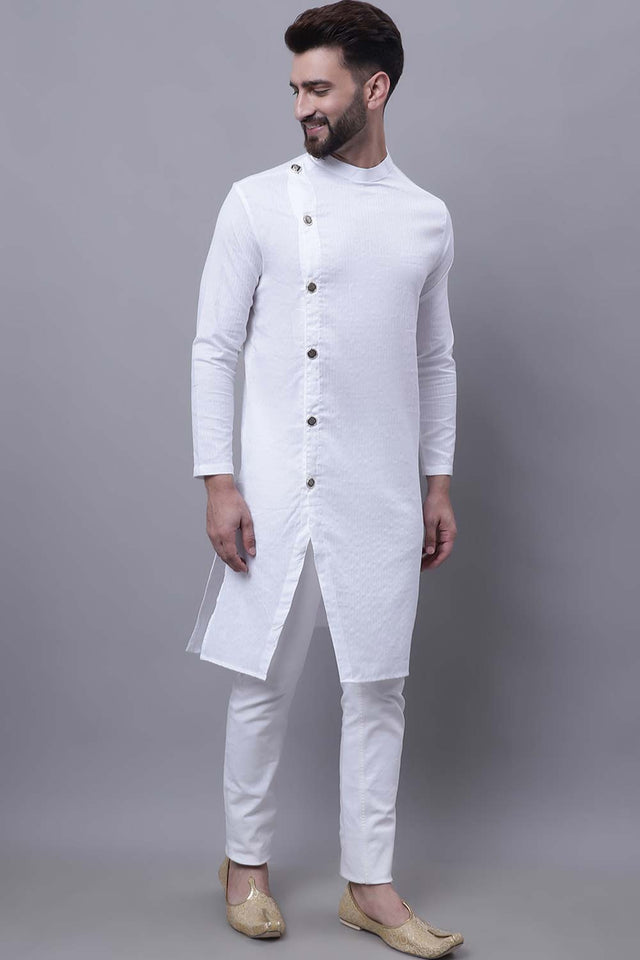 Buy Men's White Cotton Solid Long Kurta Top Online - Front