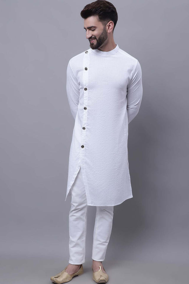 Buy Men's White Cotton Solid Long Kurta Top Online - Zoom Out