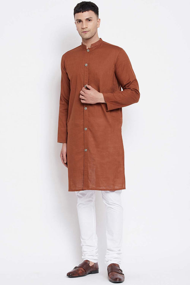 Buy Men's Pure Cotton Solid Sherwani Kurta in Brown - Back