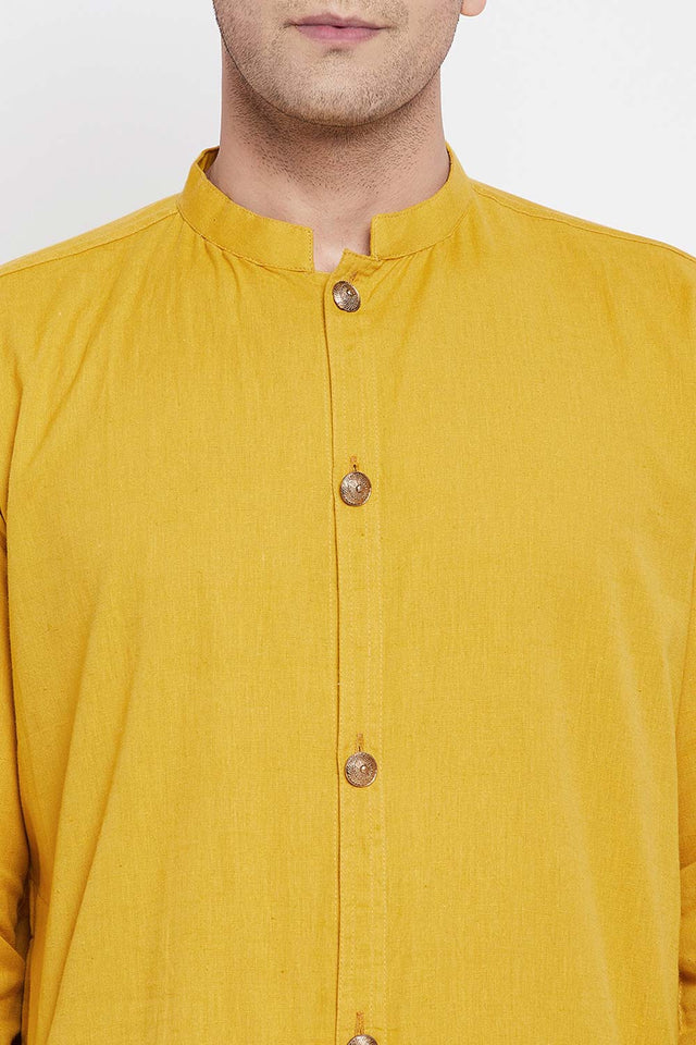 Buy Men's Pure Cotton Solid Sherwani Kurta in Yellow - Zoom Out