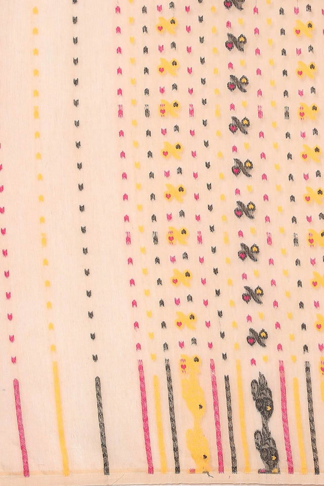 Cream Silk Blend Self-Design Saree