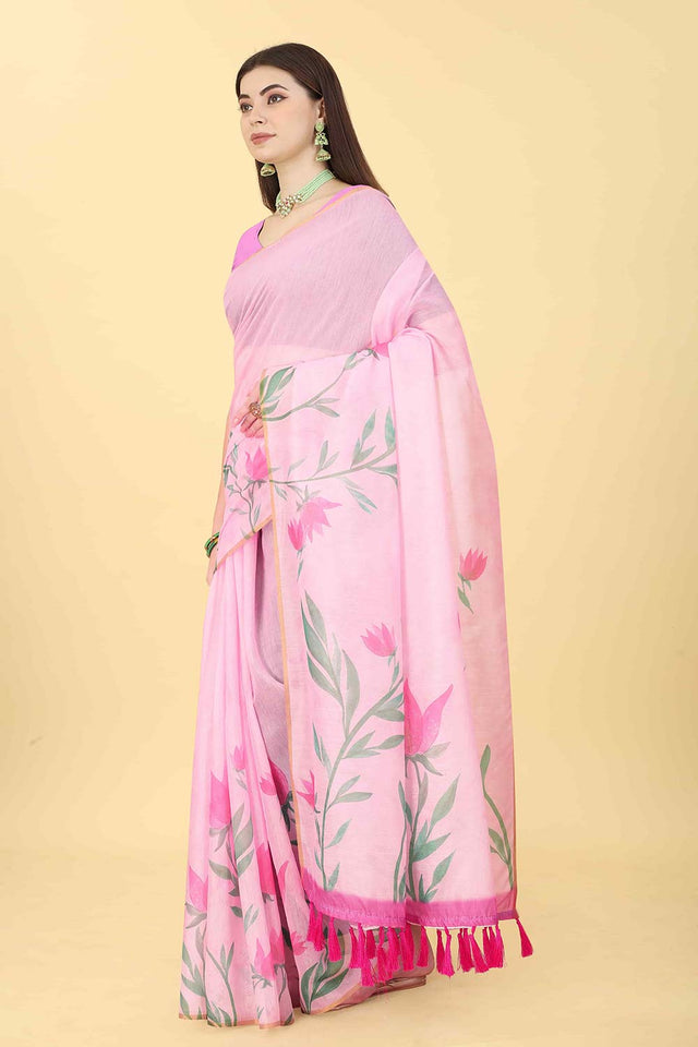 Pink Printed Cotton Blend Saree