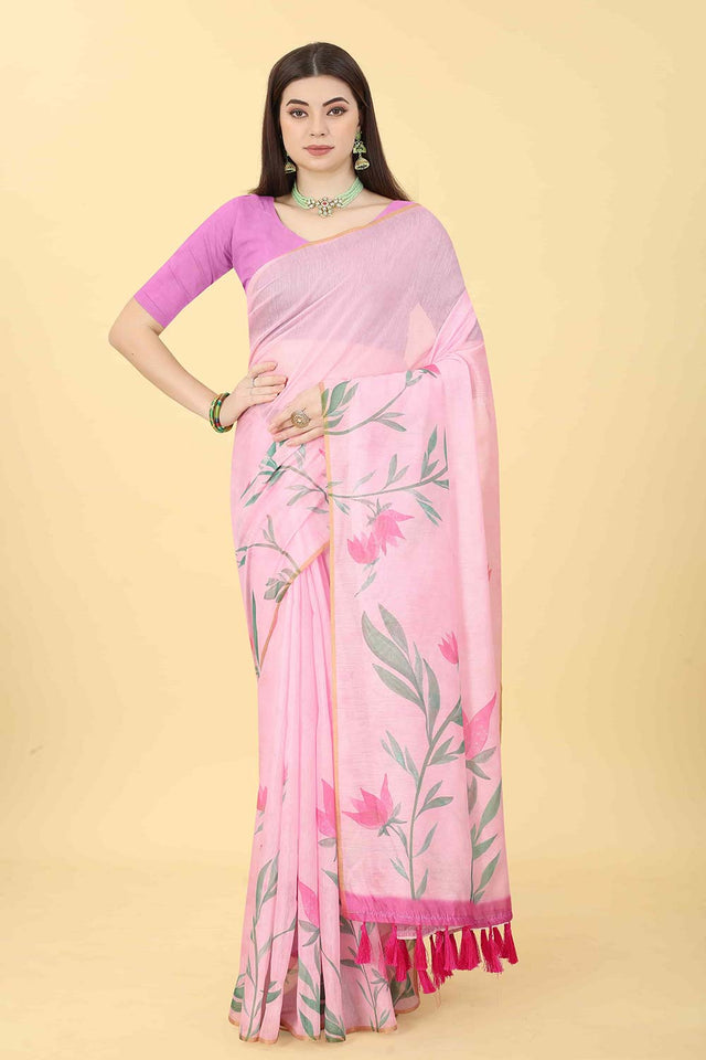 Pink Printed Cotton Blend Saree
