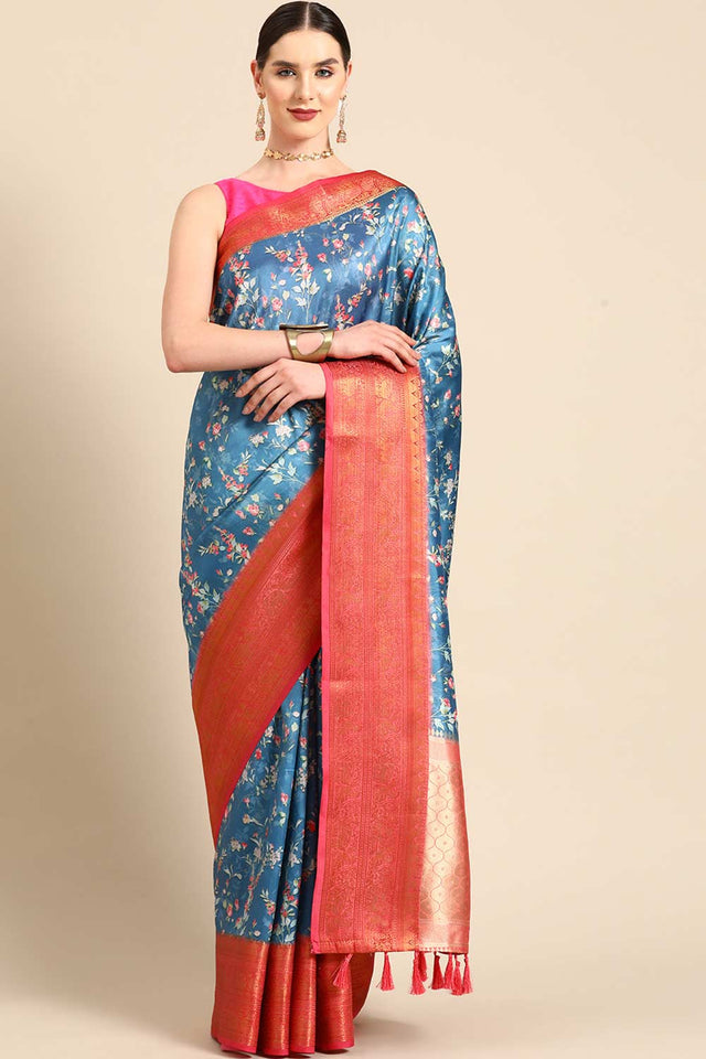 Navy Blue Silk Printed Saree