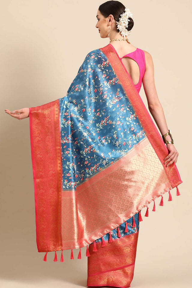 Navy Blue Silk Printed Saree