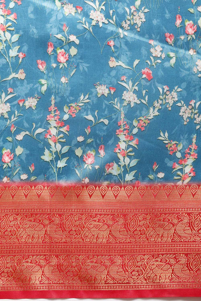 Navy Blue Silk Printed Saree