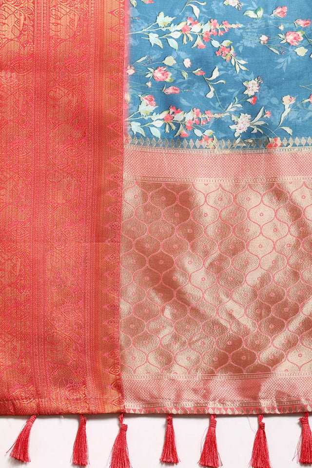 Navy Blue Silk Printed Saree