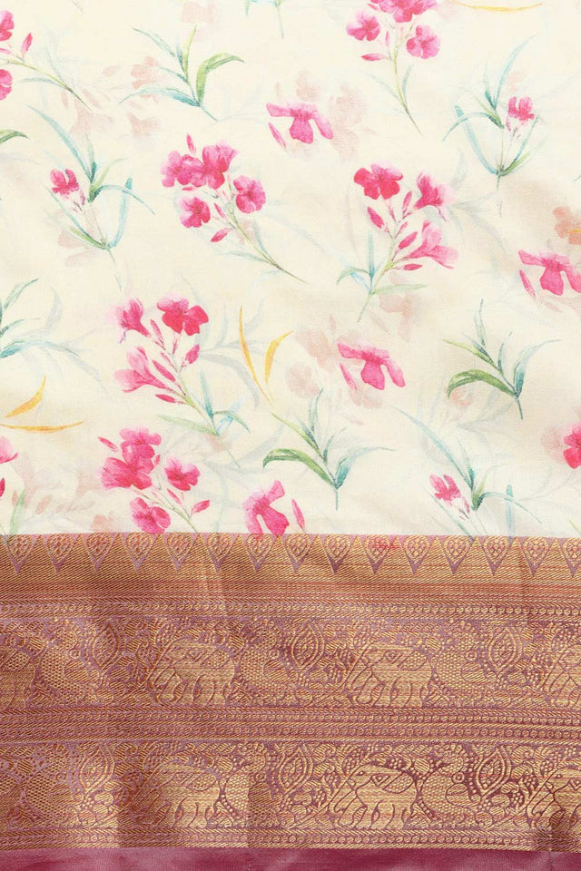 Beige Silk Printed Saree