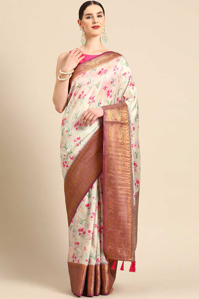 Beige Silk Printed Saree