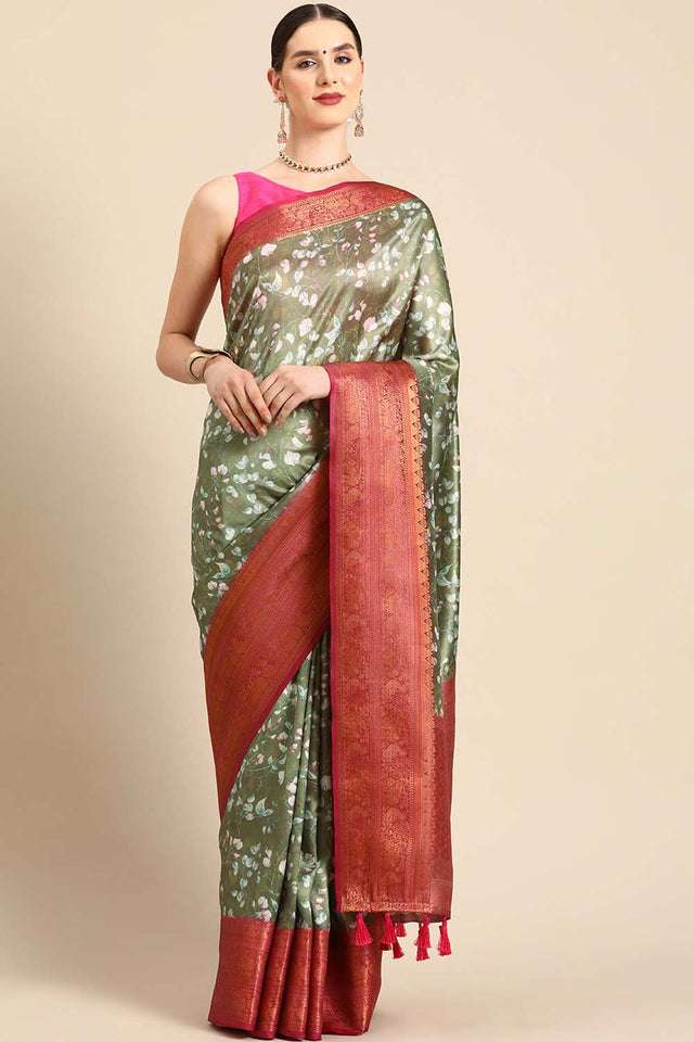 Olive Green Silk Printed Saree