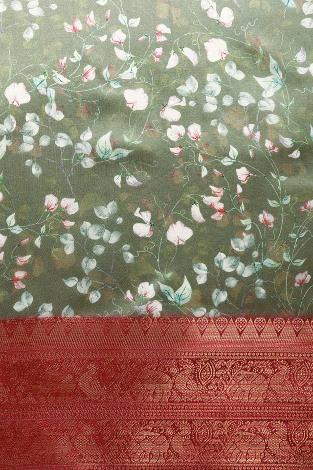 Olive Green Silk Printed Saree