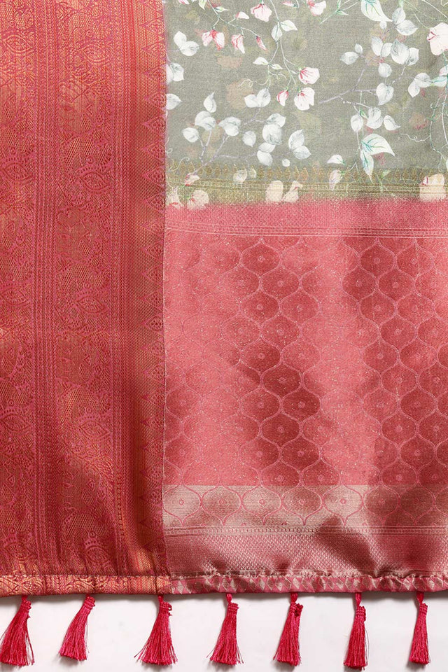 Olive Green Silk Printed Saree