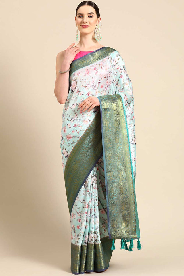 Sea Green Silk Printed Saree