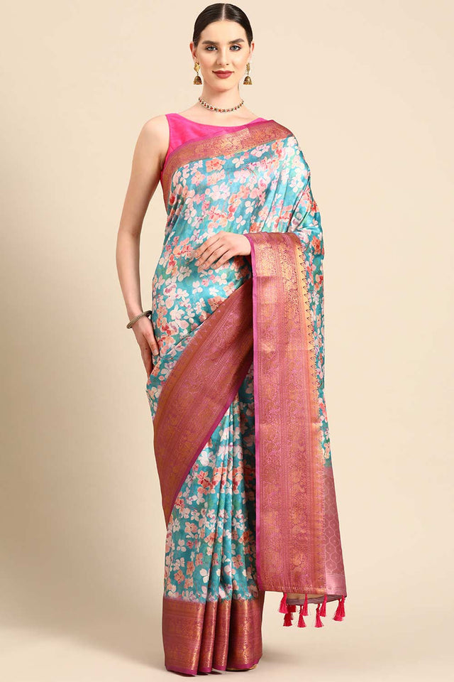 Teal Silk Printed Saree