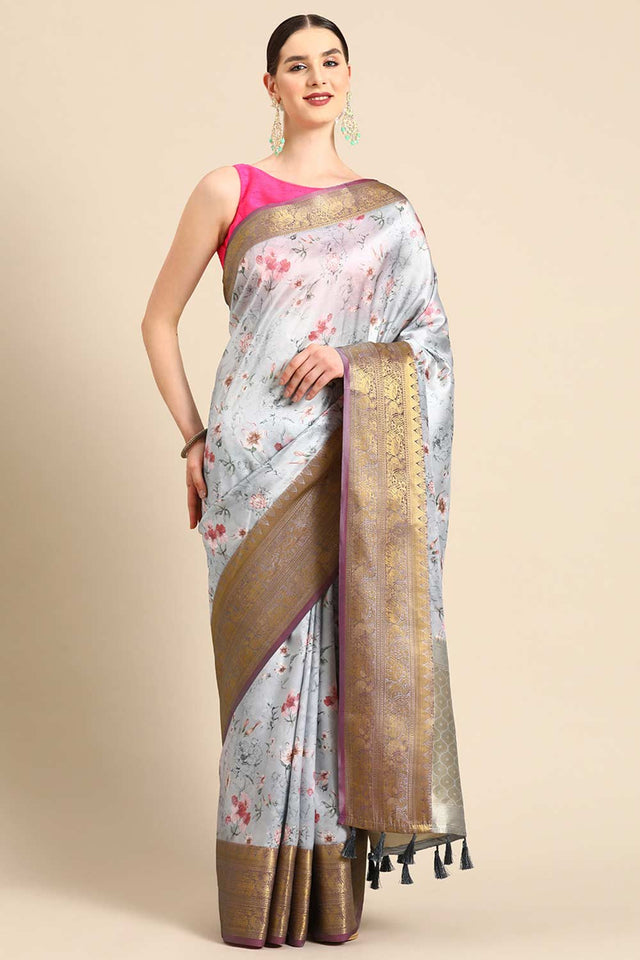 Grey Silk Printed Saree
