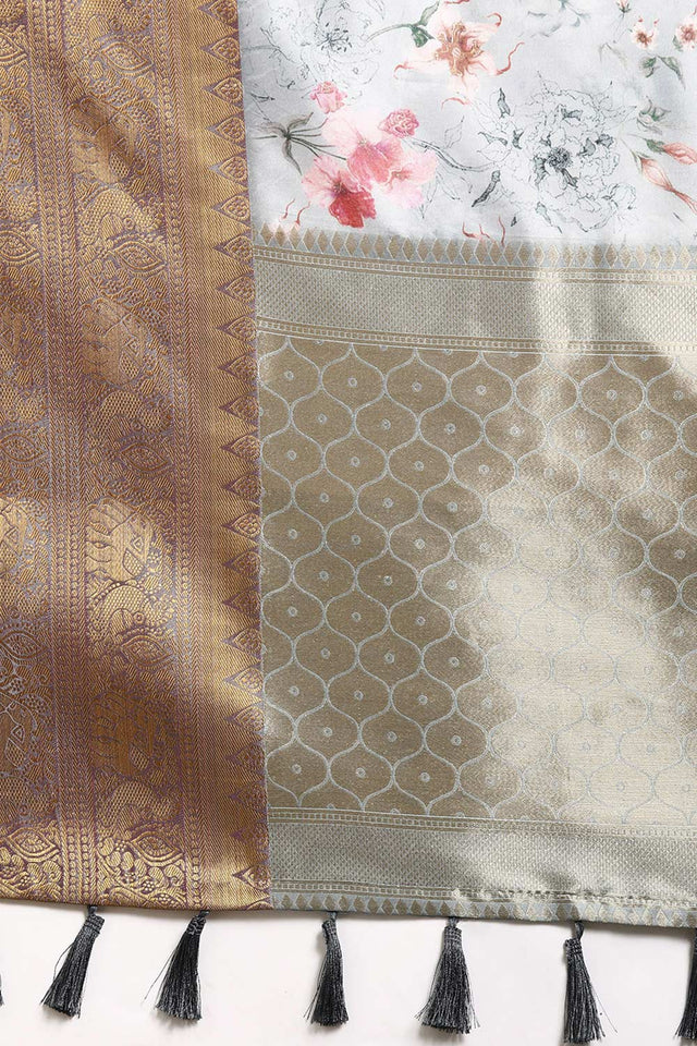 Grey Silk Printed Saree