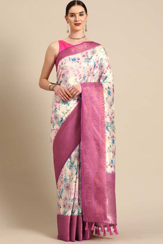 Off White Silk Printed Saree