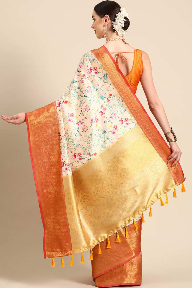 Orange Silk Printed Saree
