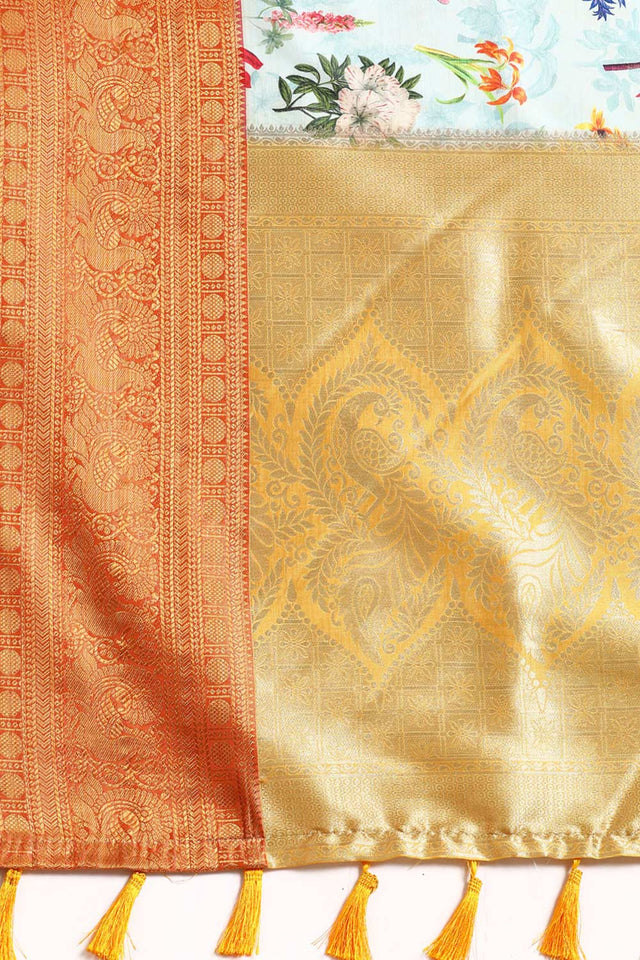 Sky Blue Silk Printed Saree