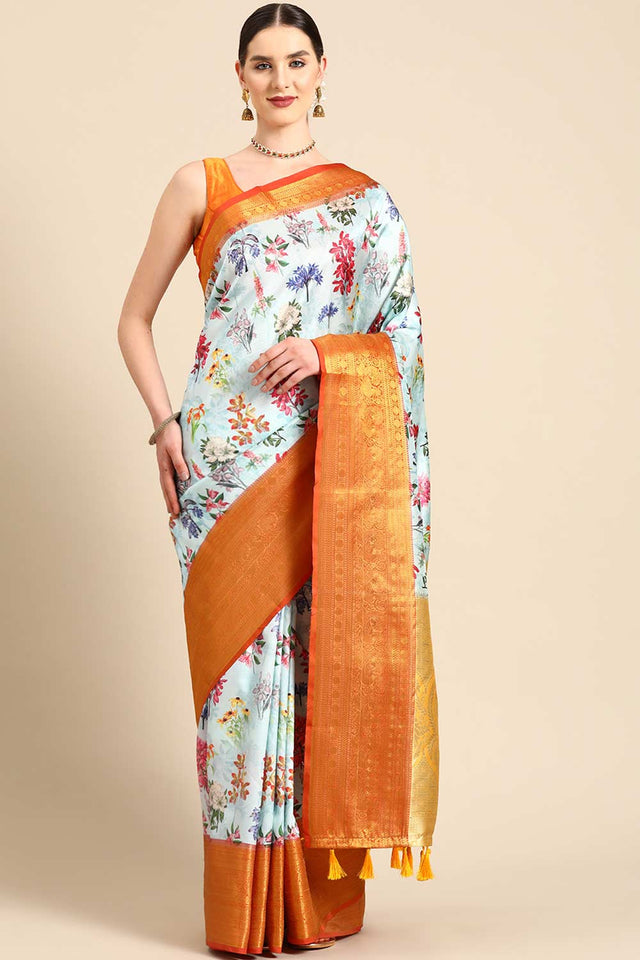 Sky Blue Silk Printed Saree