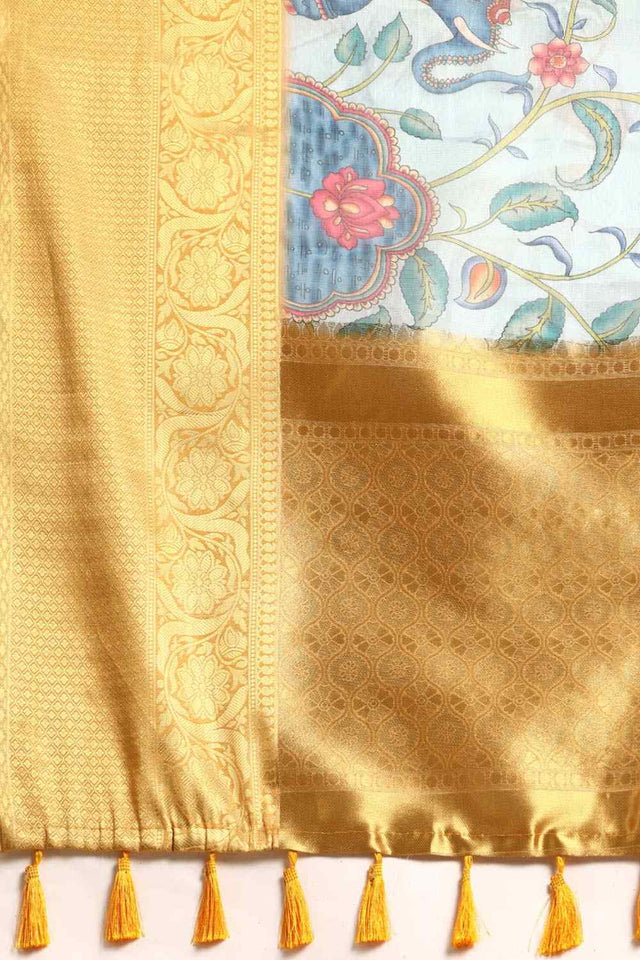 Sky Blue Muga Silk Floral Saree