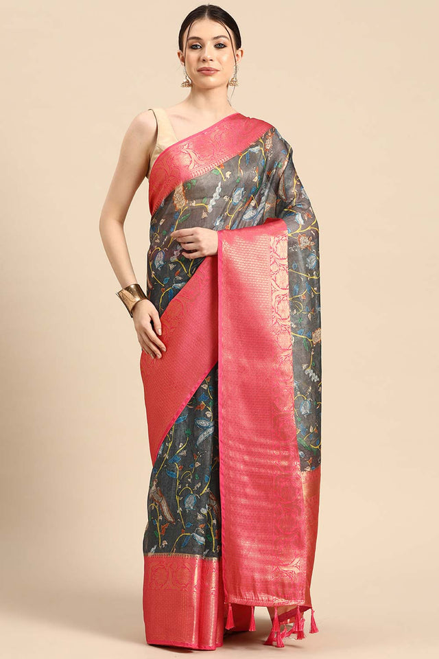 Grey Muga Silk Floral Saree