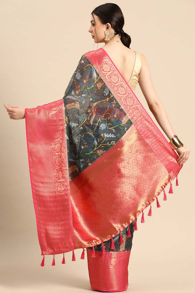 Grey Muga Silk Floral Saree