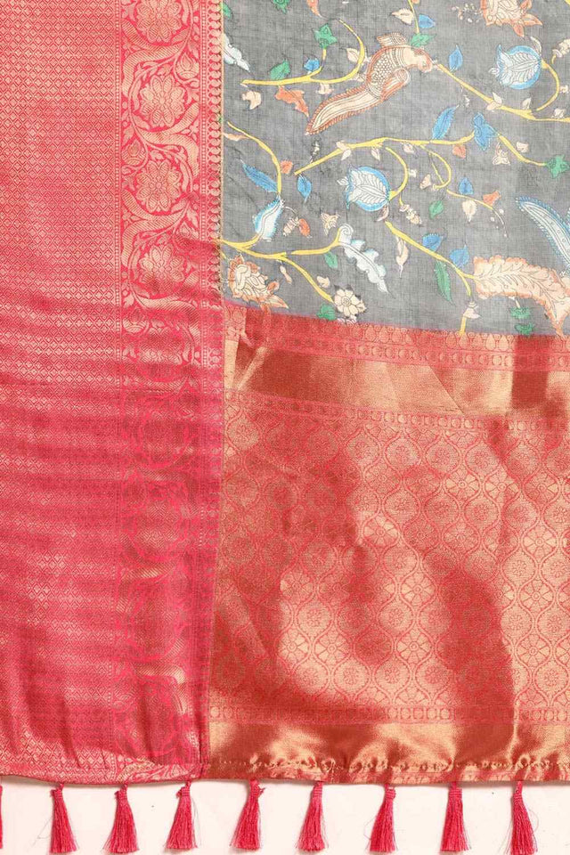Grey Muga Silk Floral Saree