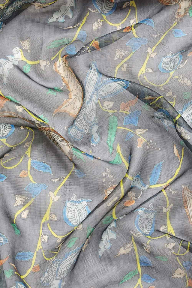 Grey Muga Silk Floral Saree