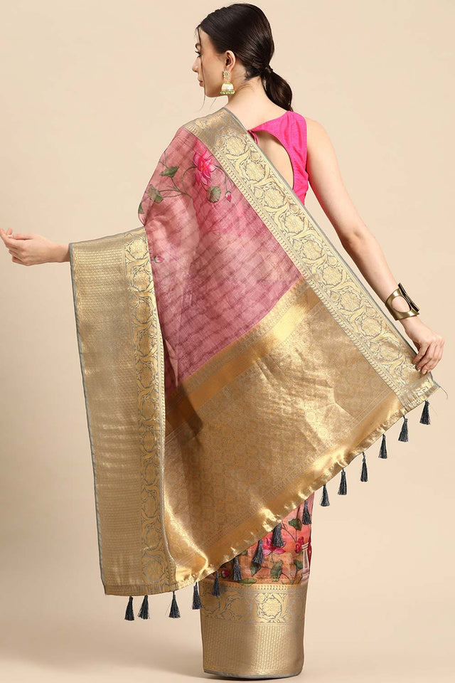 Beige Muga Silk Floral Saree