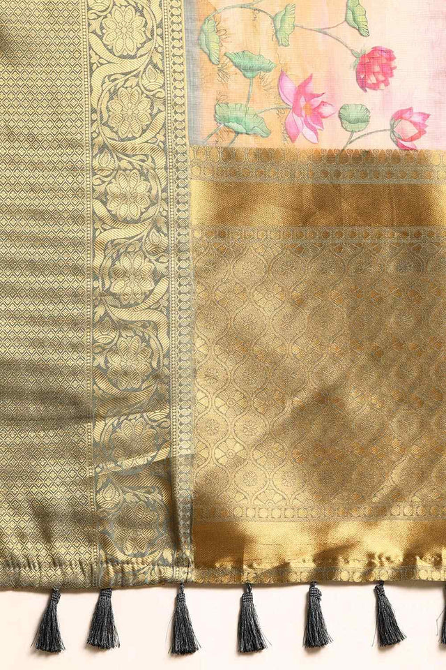 Beige Muga Silk Floral Saree