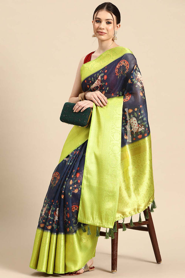 Navy Blue Muga Silk Animal Print Saree