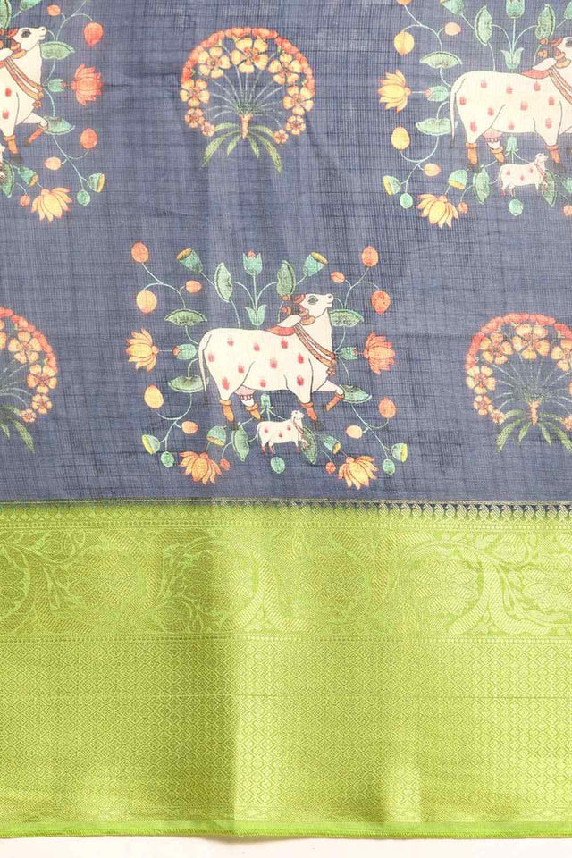 Navy Blue Muga Silk Animal Print Saree