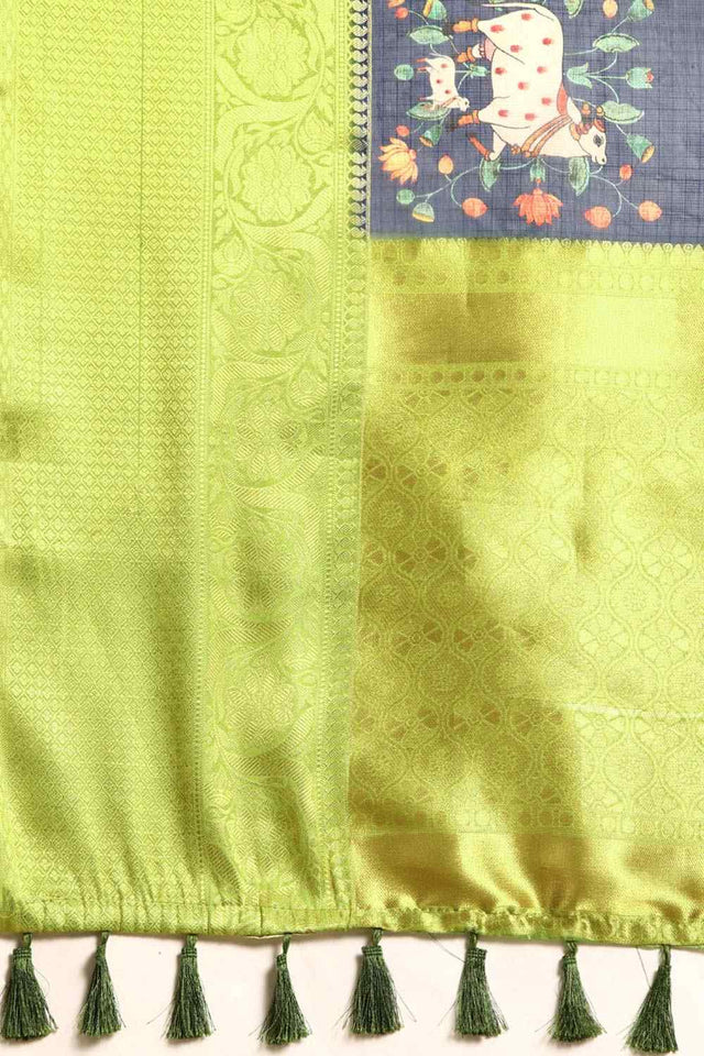 Navy Blue Muga Silk Animal Print Saree