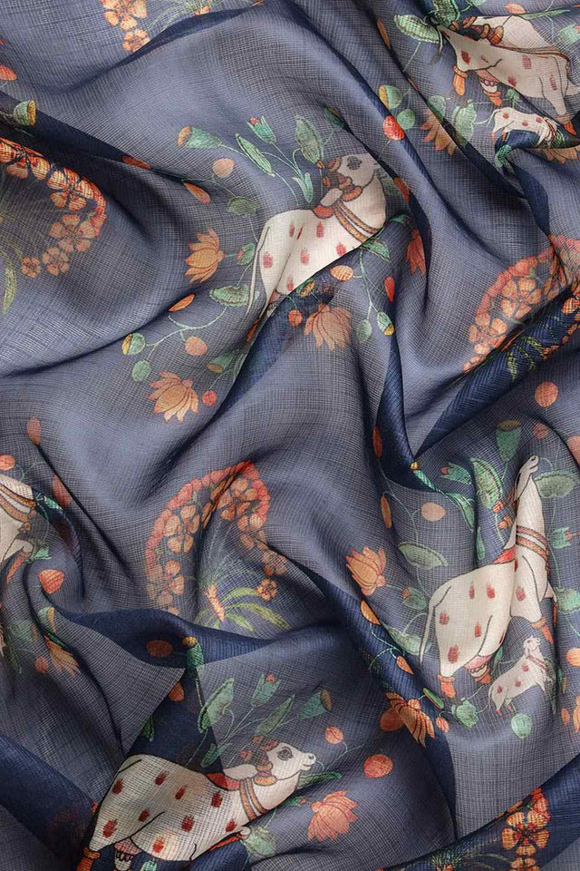 Navy Blue Muga Silk Animal Print Saree