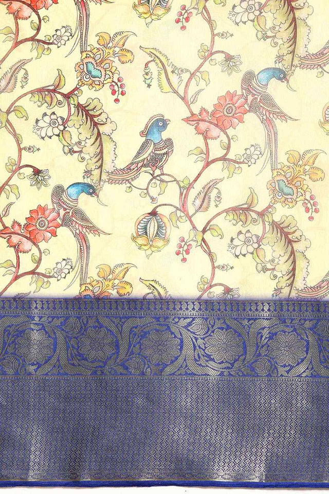 Beige Pichwai Muga Silk Digital Print Saree With Unstitched Blouse Piece