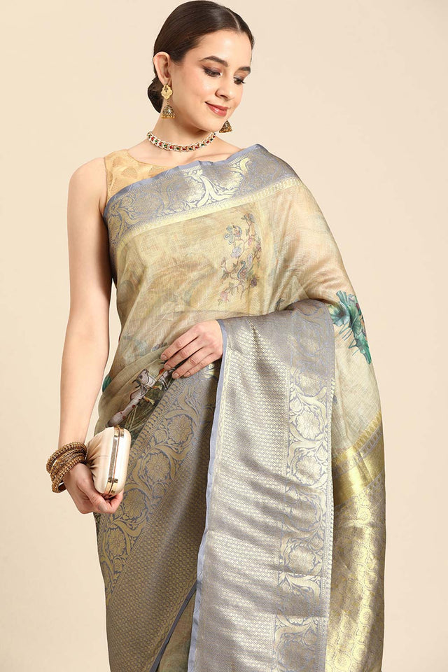 Cream Pichwai Muga Silk Digital Print Saree With Unstitched Blouse Piece
