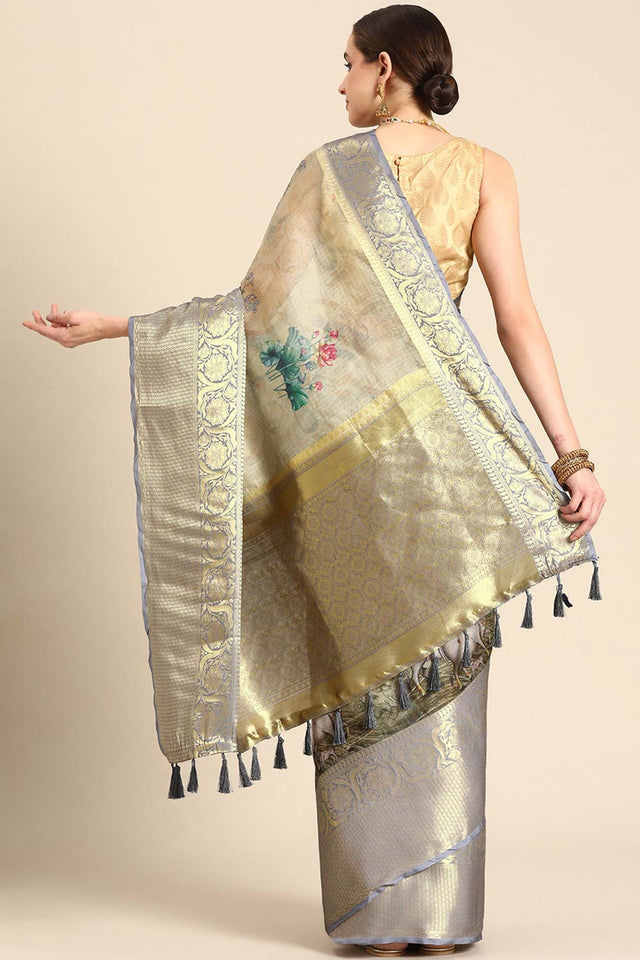 Cream Pichwai Muga Silk Digital Print Saree With Unstitched Blouse Piece
