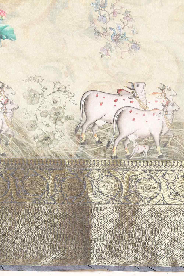 Cream Pichwai Muga Silk Digital Print Saree With Unstitched Blouse Piece