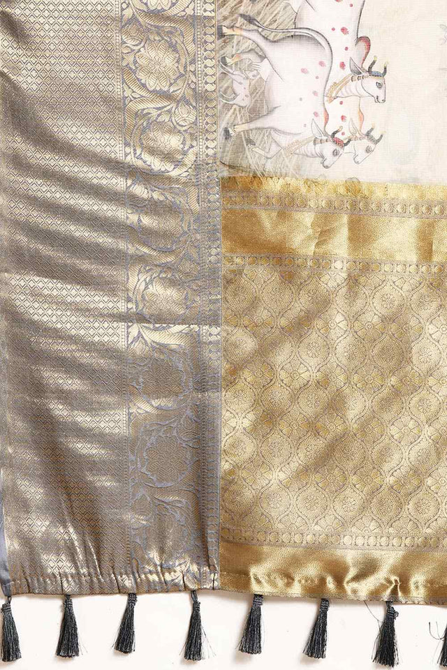 Cream Pichwai Muga Silk Digital Print Saree With Unstitched Blouse Piece