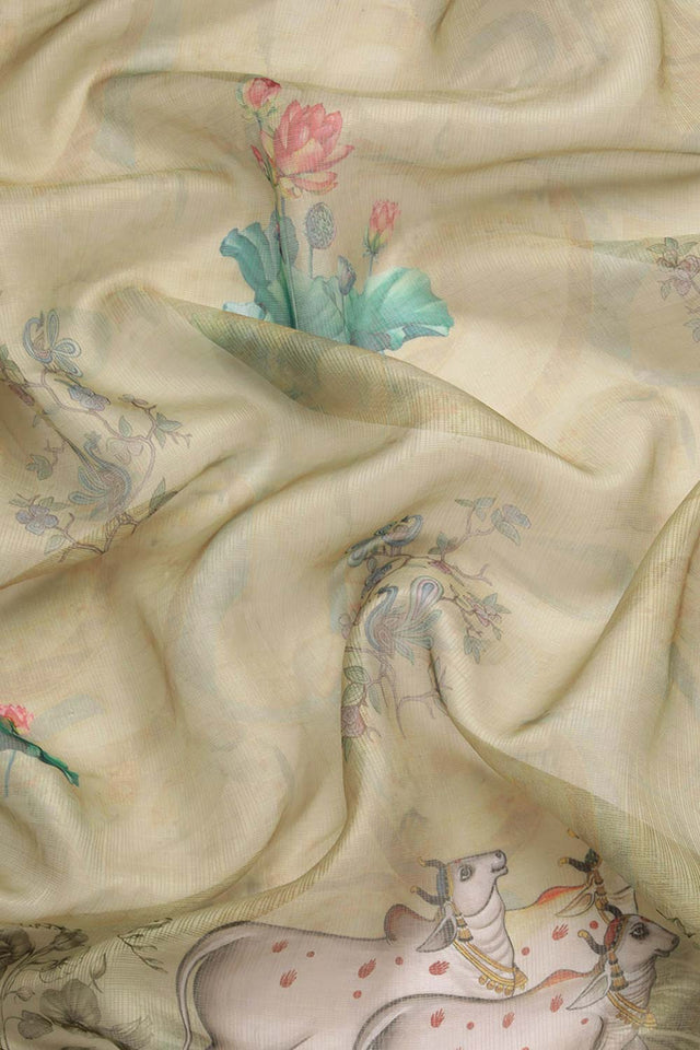 Cream Pichwai Muga Silk Digital Print Saree With Unstitched Blouse Piece